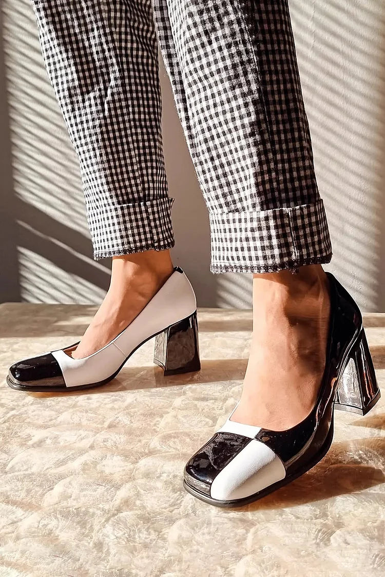 Colorblock Square Toe Slip On Black Chunky Heels [Pre Order]