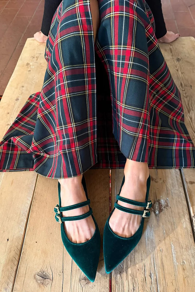 Two Straps Buckles Pointed Toe Velvet Dark Green Flats [Pre Order]