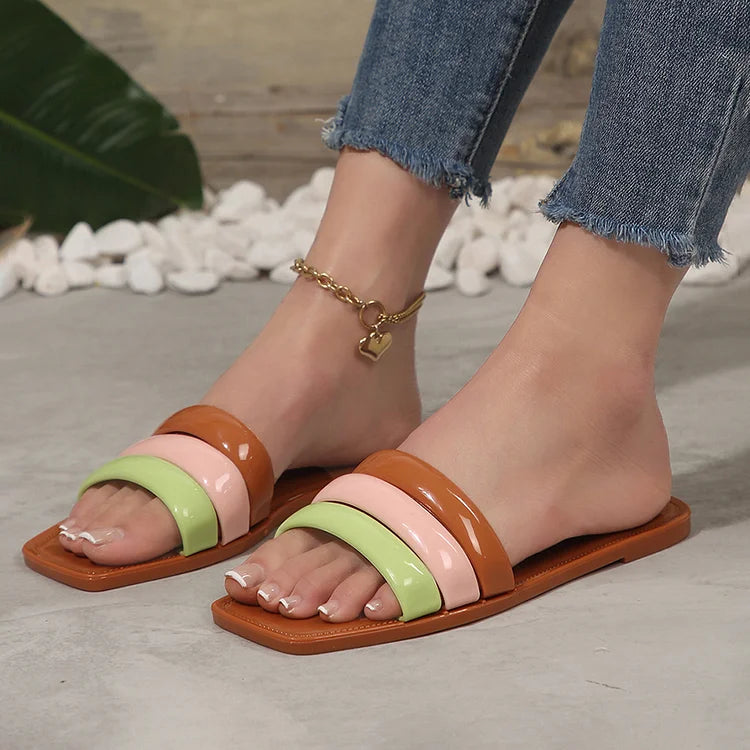 Color Block Square Toe Casual Beach Flat Slippers