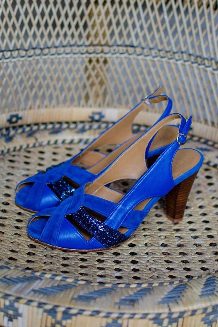 Patchwork Slingback Peep Toe Salto Robusto Azul Marinho [Pre Order]