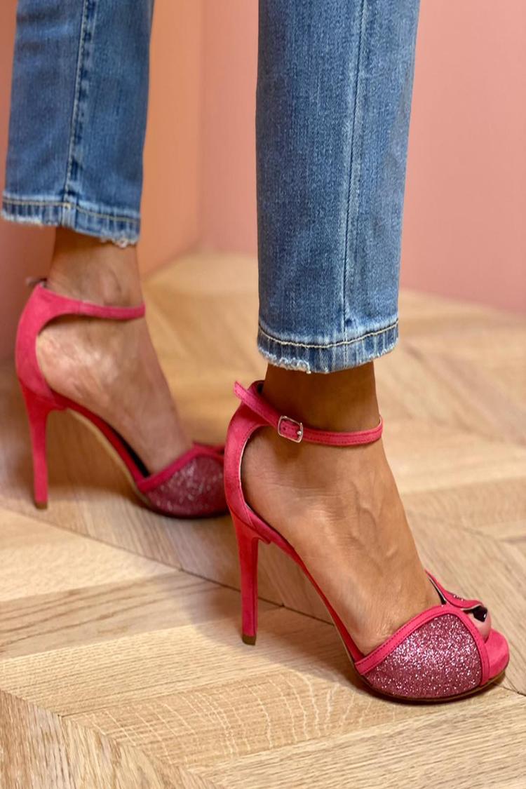 Scarpe con tacco a spillo fucsia con cinturino alla caviglia, punta aperta e glitter [Pre-ordine]