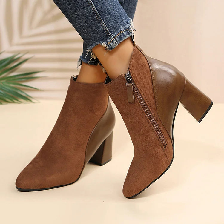 Patchwork Pointed Toe Chunky Heel Zipper Ankle Boots