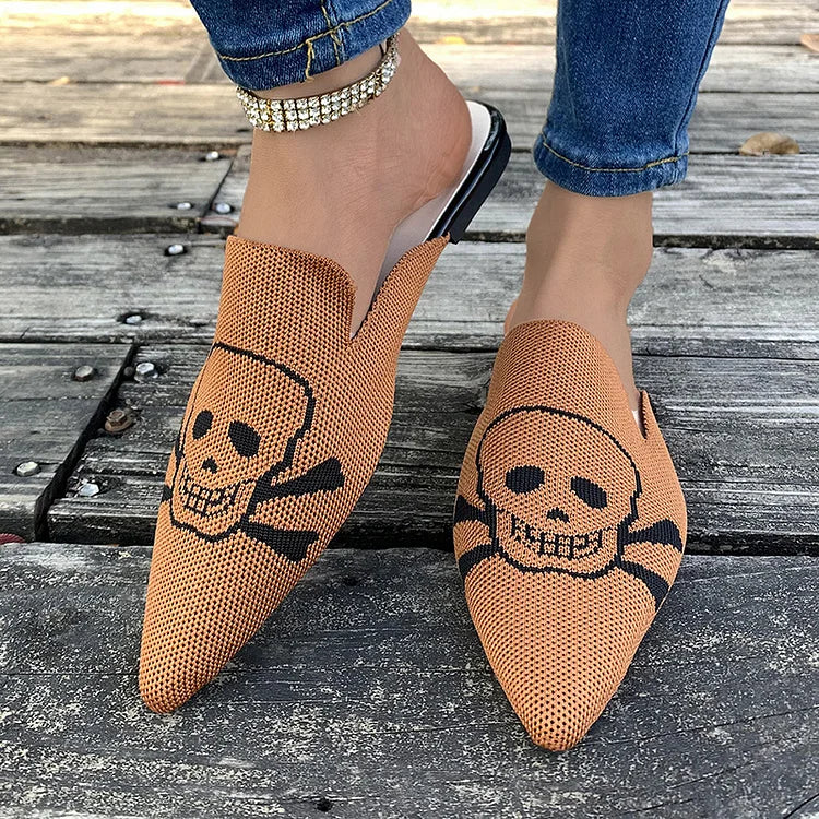 Casual Skull Print Pointy Toe Breathable Knit Mules