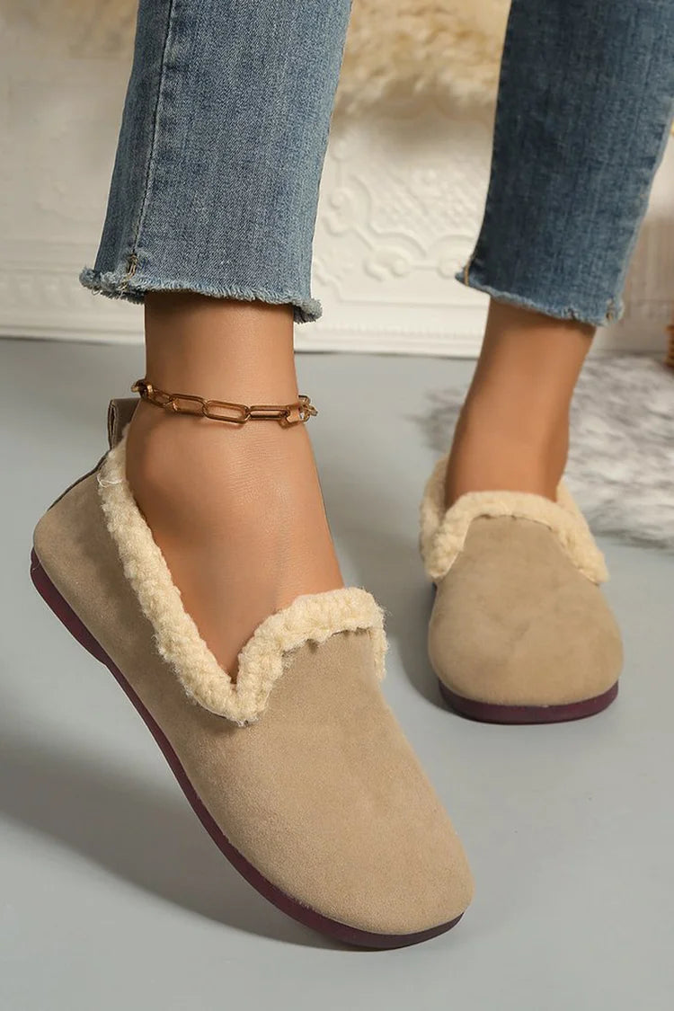 Round Toe Solid Color Faux Fur Lined Casual Loafers