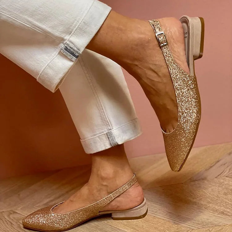 Pointed Toe Metallic Sheen Glitter Slingback Gold Flats