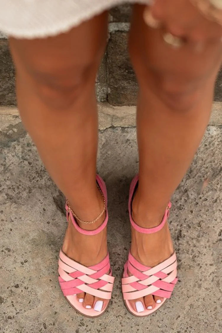 Sandali casual rosa con punta rotonda in tessuto colorblock resistente [Pre-ordine]