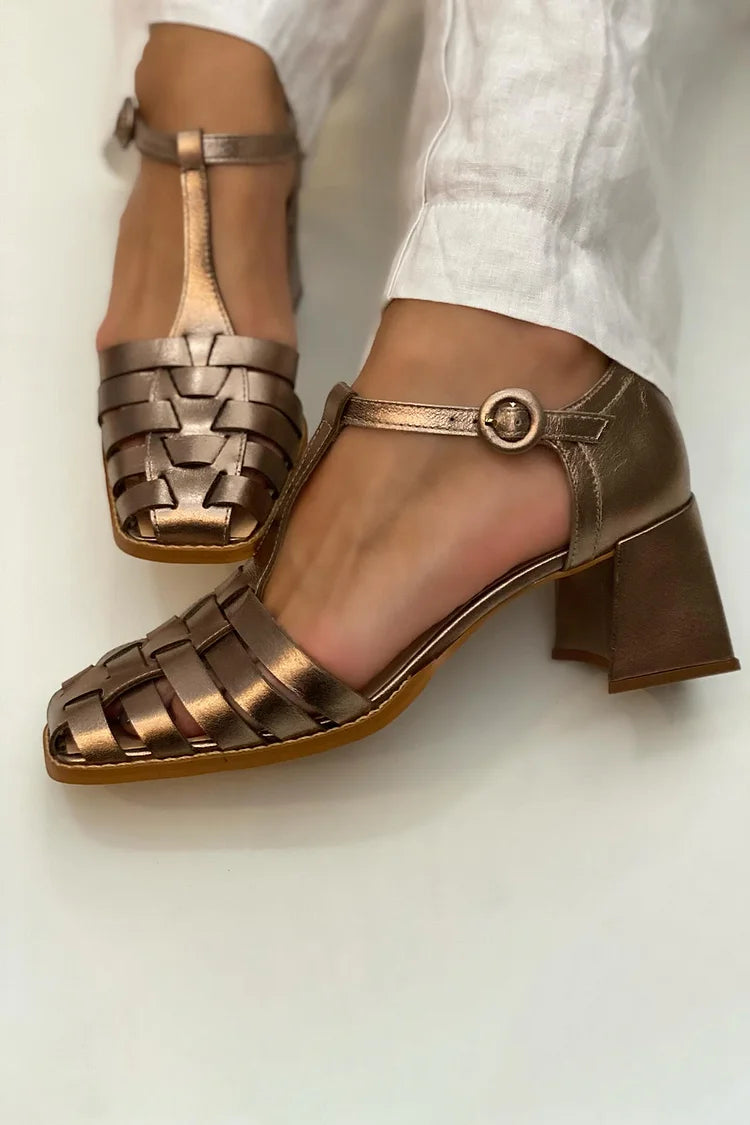 Woven Hollow Out T-Strap Buckle Square Toe Gold Chunky Heels [Pre Order]