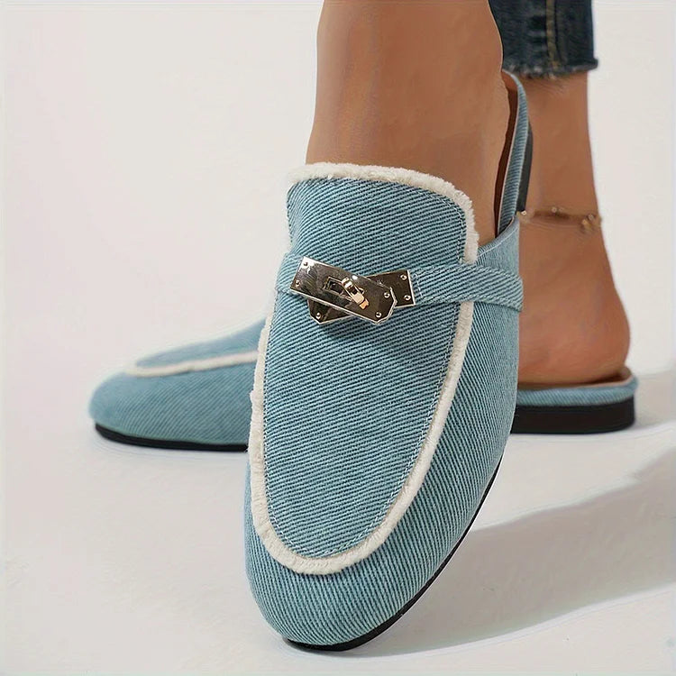 Alloy Buckle Decor Fur Trim Round Toe Denim Mules