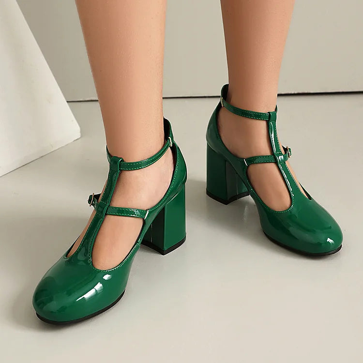 Solid Color Cross Strap Buckle Round Toe Chunky Heels