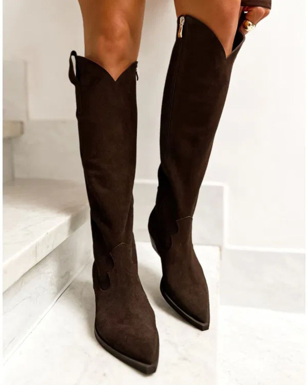 Braune Wildleder Patchwork Blockabsatz Lange Stiefel [Vorbestellung]