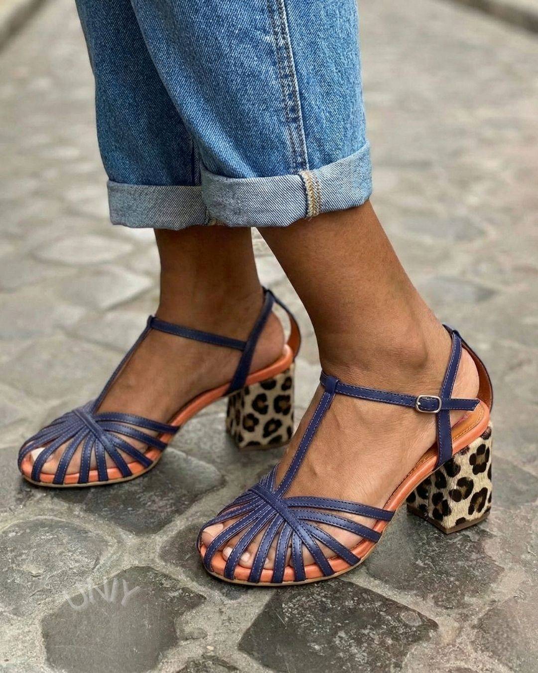 Navy Woven Strappy T-Strap Leopard Print Block Heel Sandals [Pre Order]