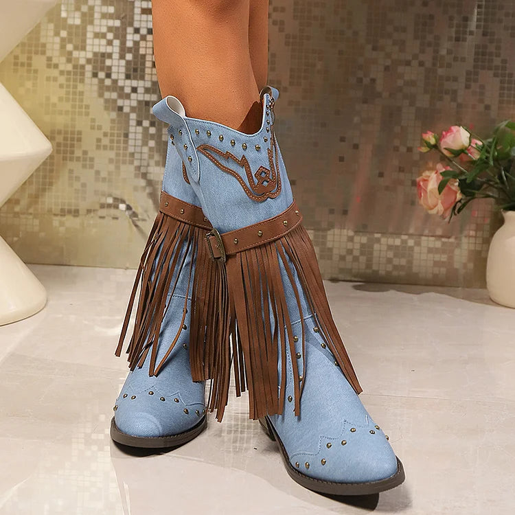 Colorblock Fringed Trim Metal Rivets Pointed Toe Chunky Heel Mid Calf Boots