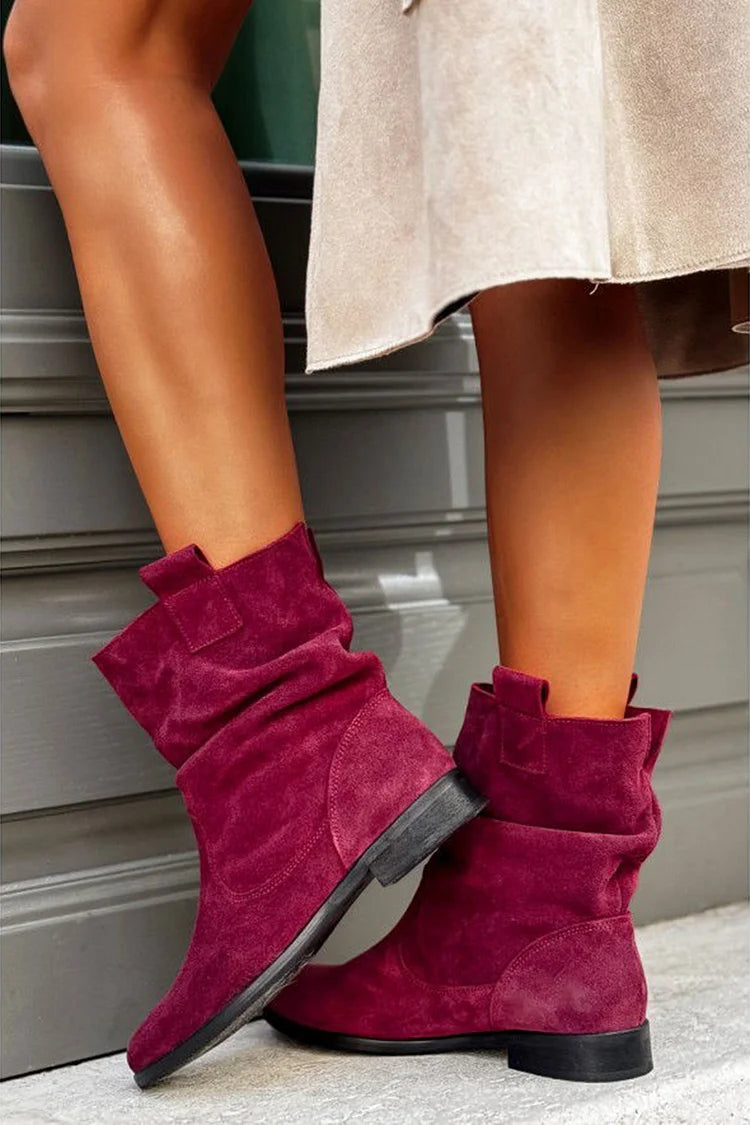 Solid Color Patchwork Round Toe Slouch Burgundy Ankle Boots