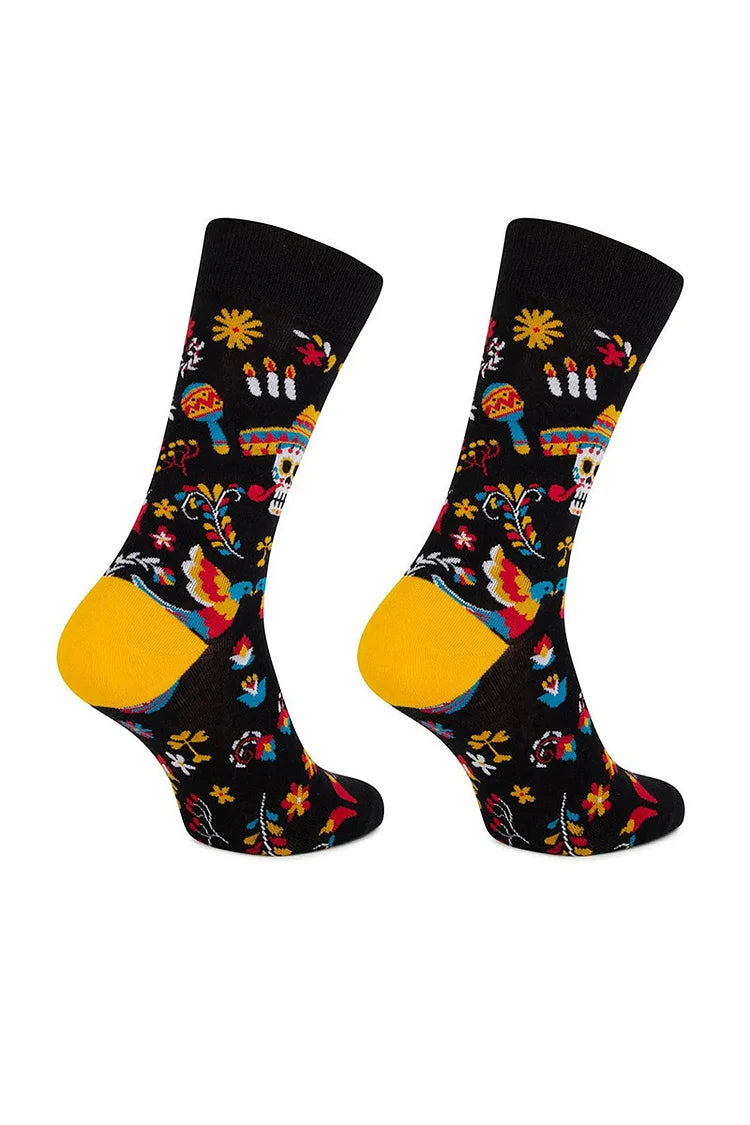 Calcetines de media pantorrilla con estampado floral de calavera y esqueleto multicolor para Halloween 