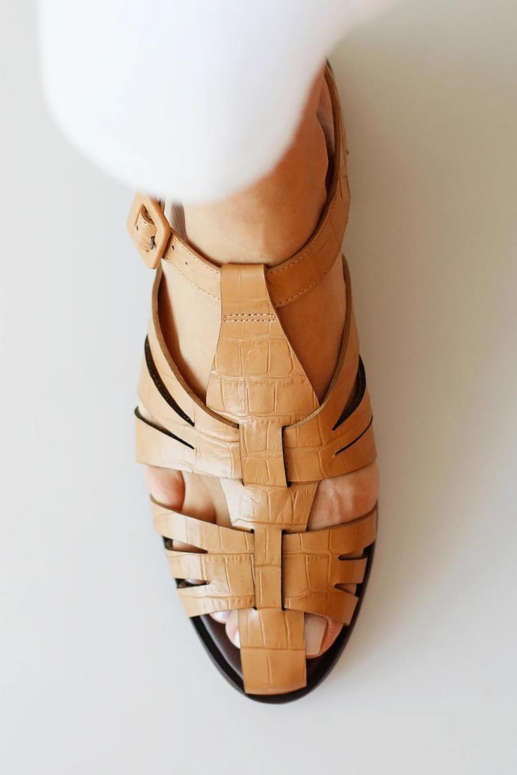 Woven Hollow Out T-Strap Buckle Pointed Toe Khaki Sandals [Pre Order]