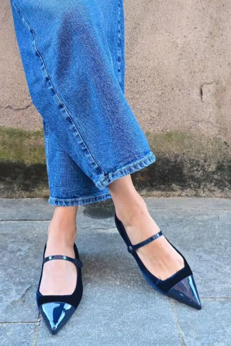 Instep-Riemen Samt Patchwork Spitz zulaufende Zehe Navy Ballerinas [Vorbestellung]