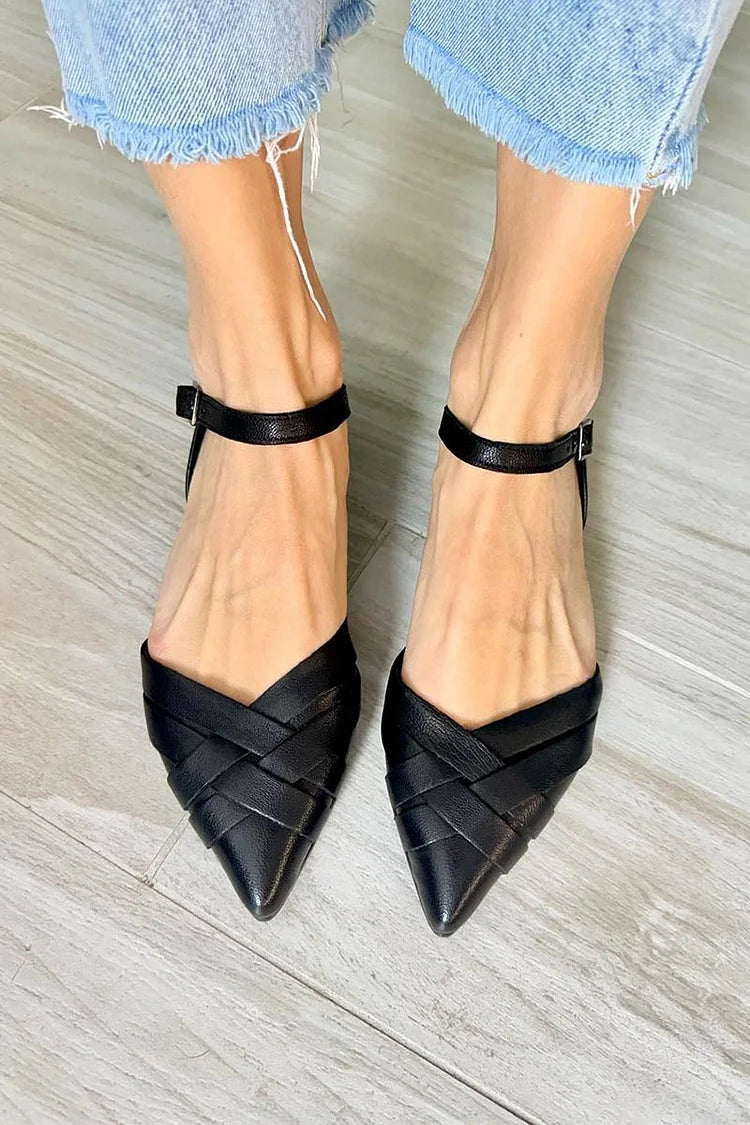 Woven Ankle Strap Buckle Pointed Toe Black Flats