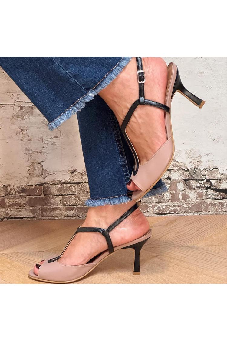 Scarpe con tacco a spillo color block, punta aperta, fibbia a T e tacco a spillo color talpa [Pre-ordine]