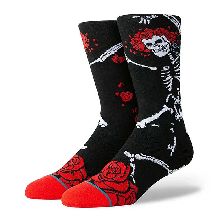 Calcetines de media pantorrilla con estampado de esqueleto bailando y rosas para Halloween 