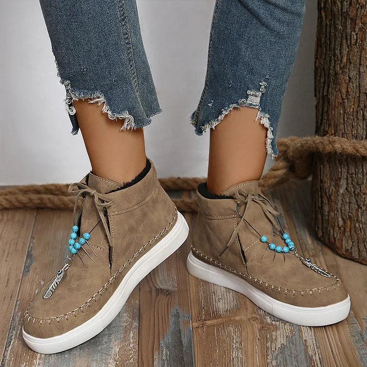 Beads Metal Feather Decor Stitch Detail Round Toe High Top Sneakers