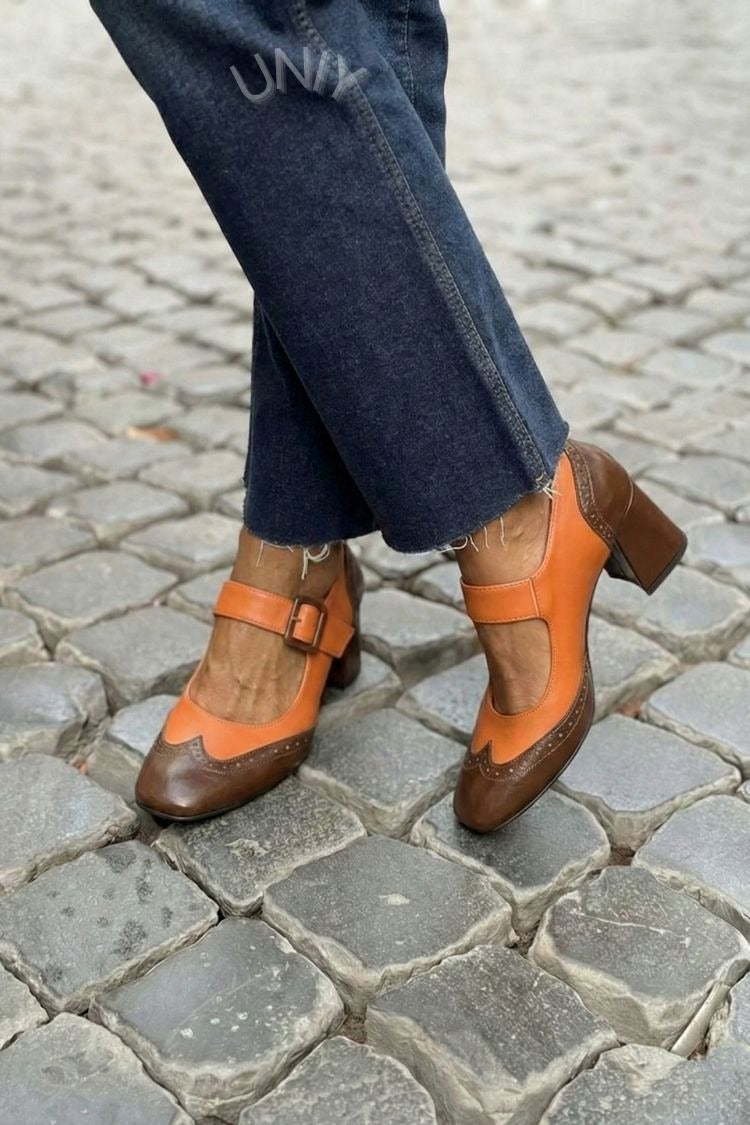 Patchwork Square Toe Instep Strap Buckle Low Heels