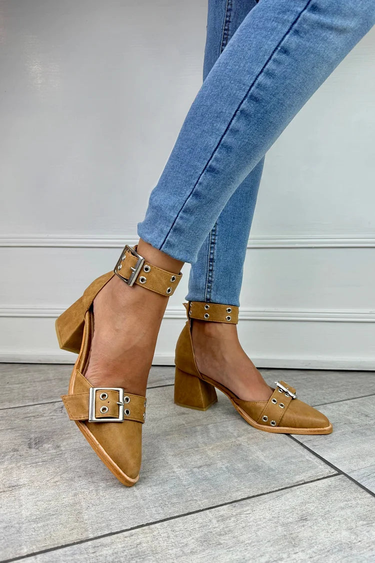 Pointed Toe Ankle Strap Buckle Khaki Chunky Heels [Pre Order]