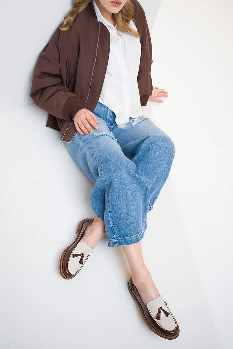 Brązowe mokasyny z okrągłym noskiem i dekoracją chwostów w stylu colorblock [Przedsprzedaż]