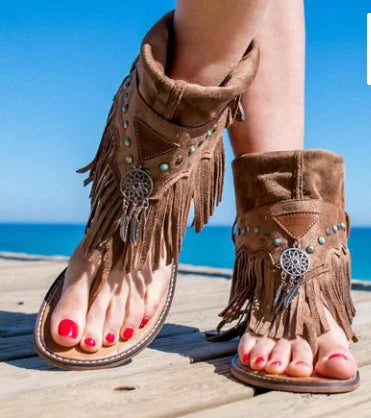 Womens Fringe Mid Low Sandals