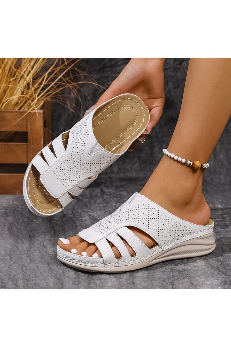 Pantofole casual con zeppa, punta rotonda, in tinta unita, con patchwork traforato 