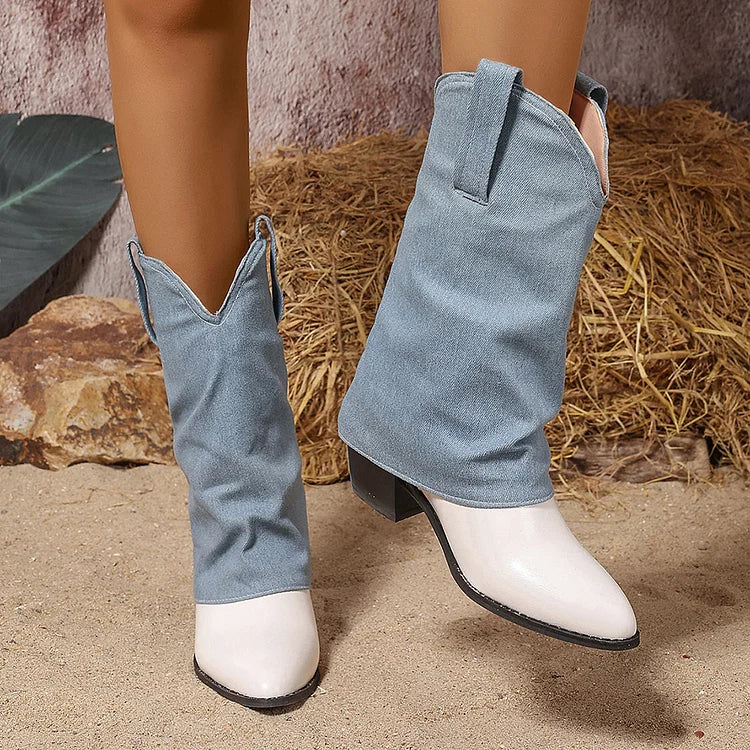 Denim Patchwork Fold Over Pointed Toe Chunky Heel Mid Boots