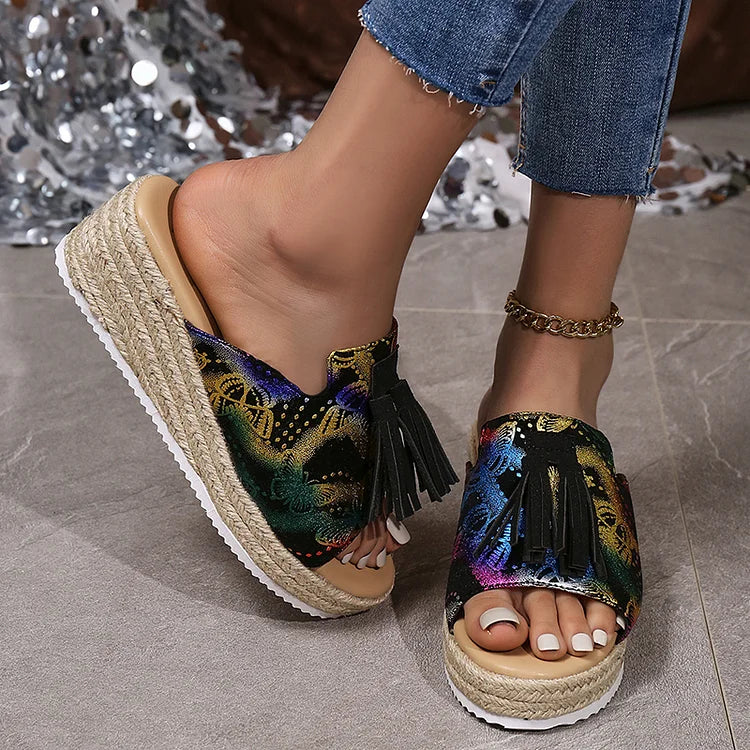 Bronzing Butterfly Print Tassels Trim Platform Wedge Espadrille Slippers