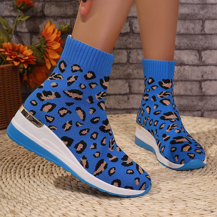 Knit Leopard Pattern Round Toe Wedge Heel Ankle Boots