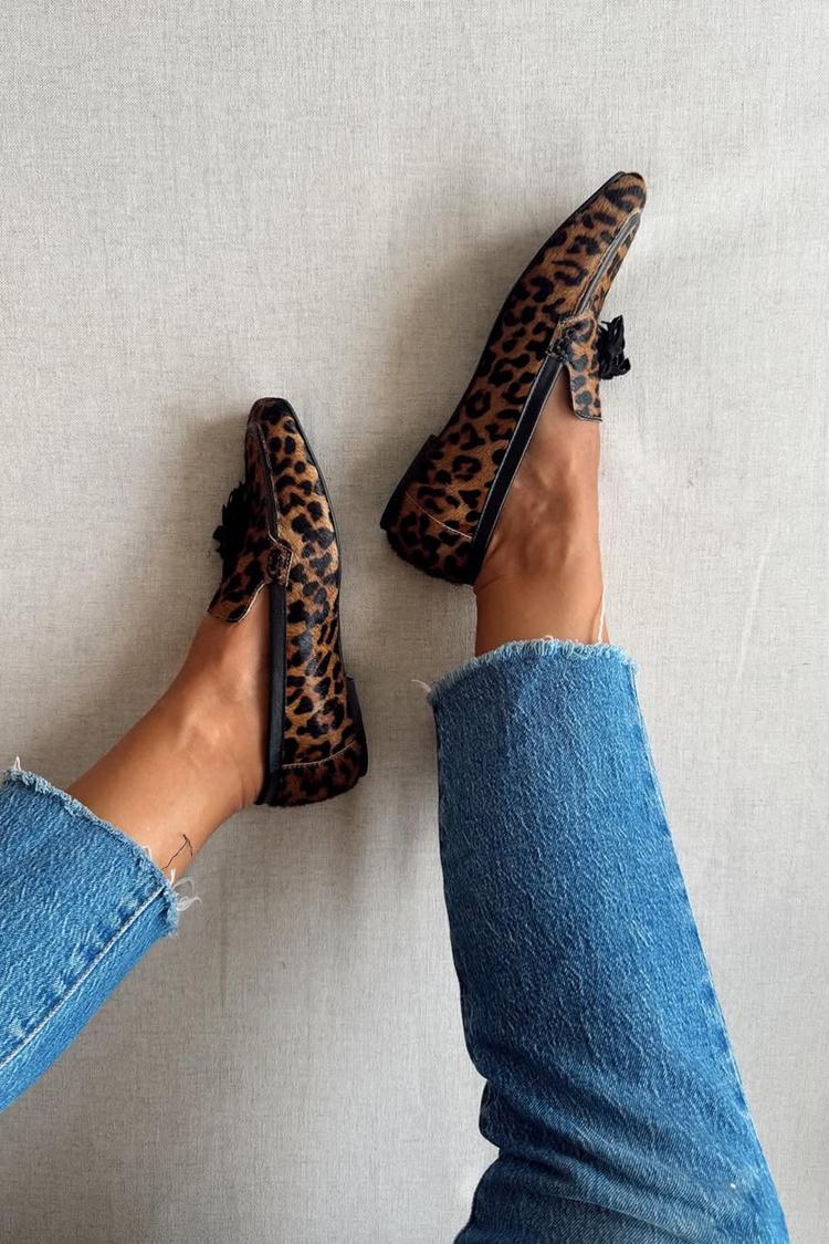 Loafers mit Leopardenmuster, Quastenverzierung, quadratischer Spitze, braun [Vorbestellung]