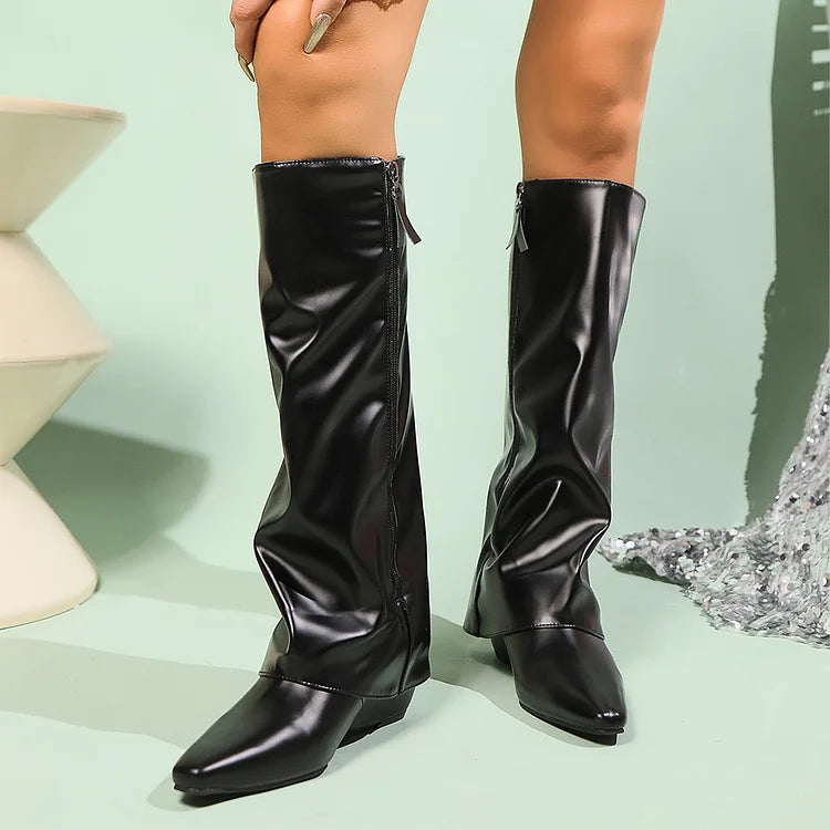 Fold Over Solid Color Pointed Toe Wedge Heel Knee High Boots