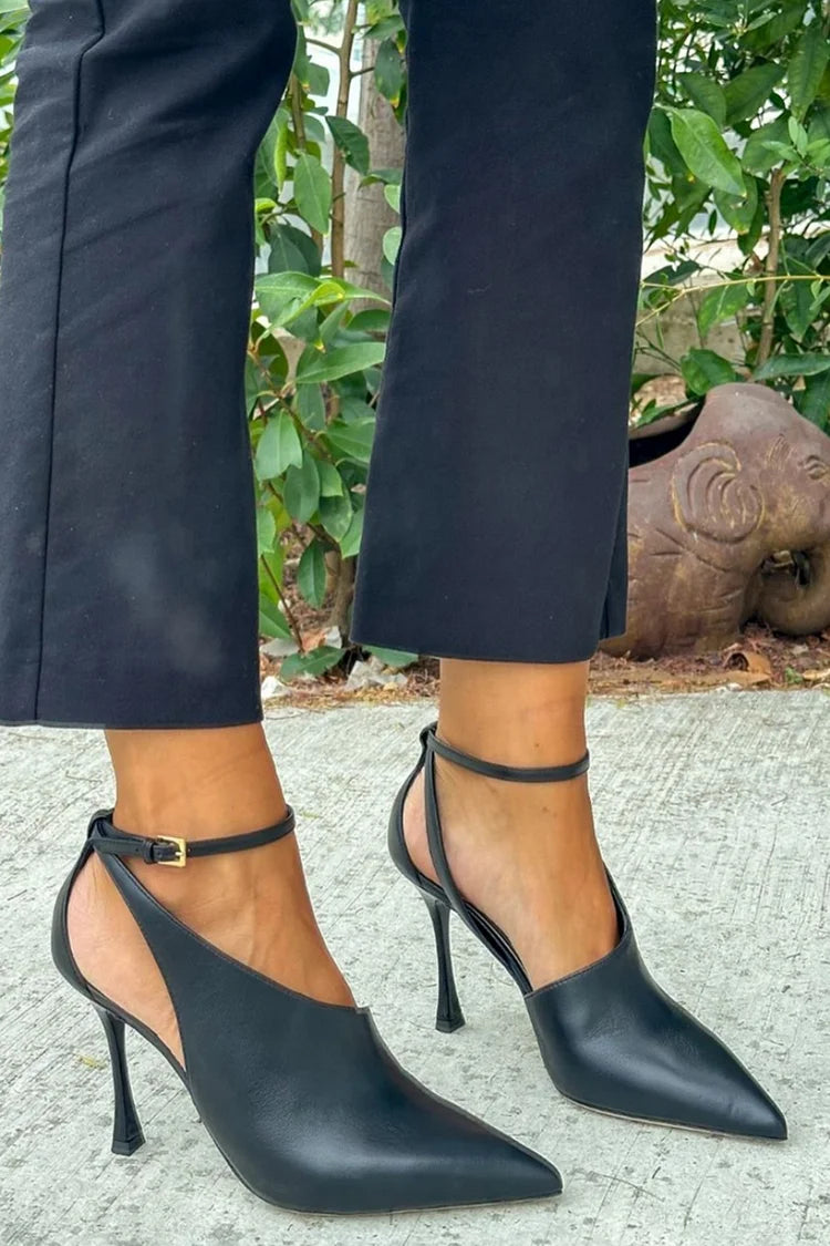 Ankle Strap Buckle Cutout Pointed Toe Black Stiletto Heels [Pre Order]