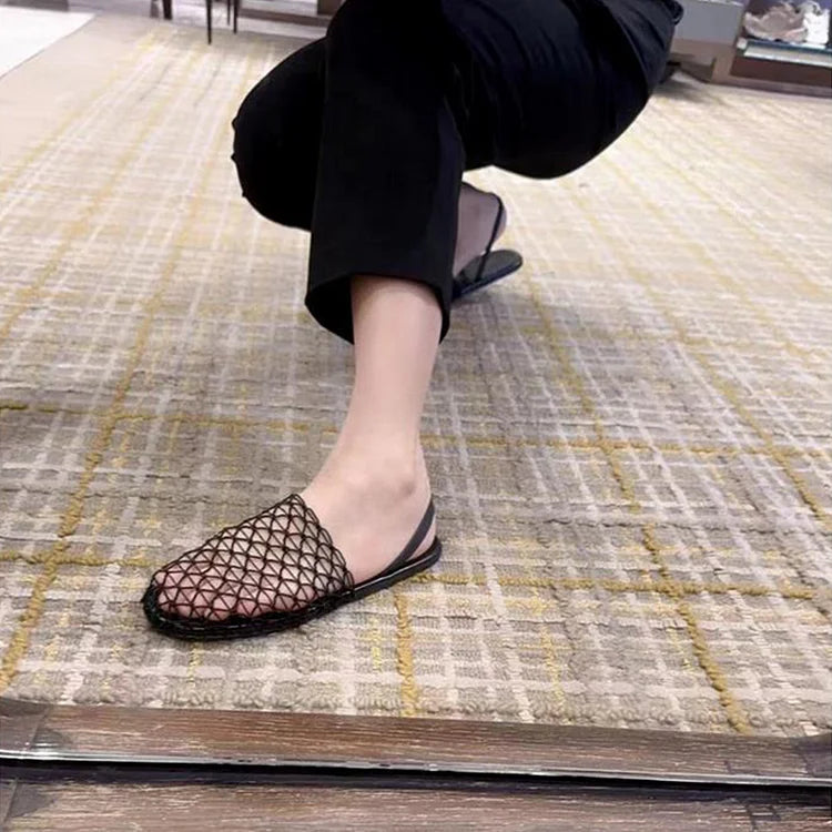 Hollow Out Fishnet Round Toe Casual Flat Sandals