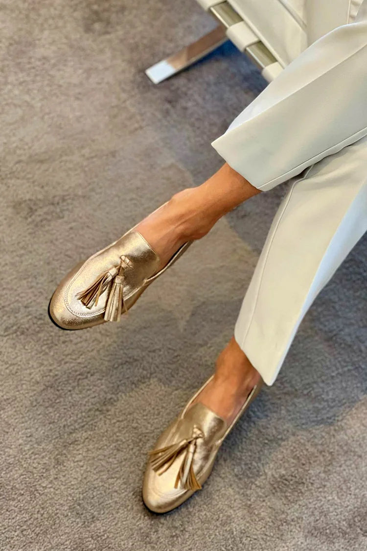 Metallic Sheen Tassels Decor Stitch Detail Gold Loafers