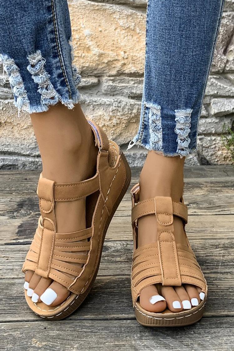 Sandali casual con zeppa, punta tonda e cinturino a T in tinta unita