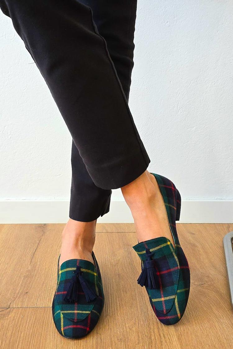 Colorful Plaid Print Tassels Trim Round Toe Casual Green Loafers [Pre Order]