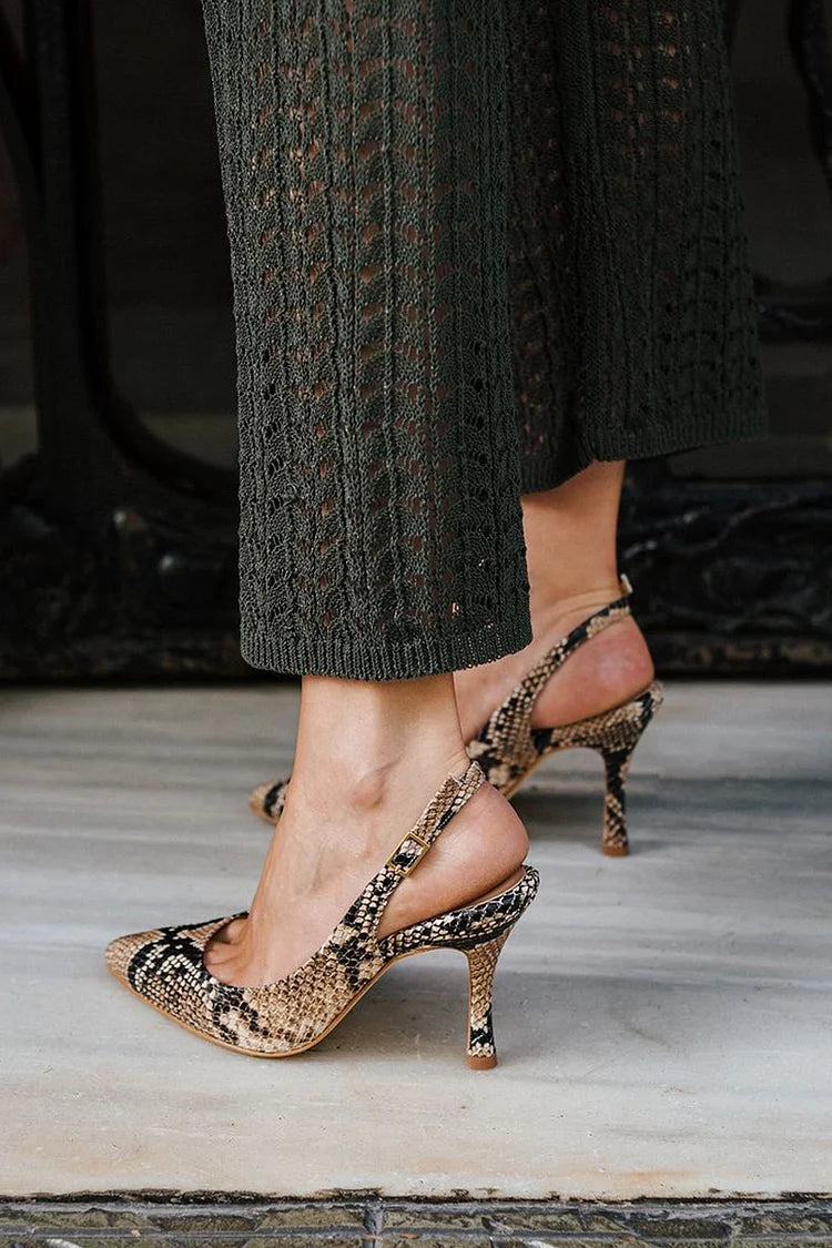 Scarpe col tacco a spillo color cachi con stampa serpente e punta affilata [Pre-ordine] 