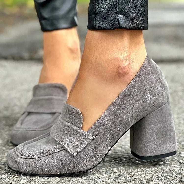 Square Toe Faux Suede Retro Loafers Gray Chunky Heels