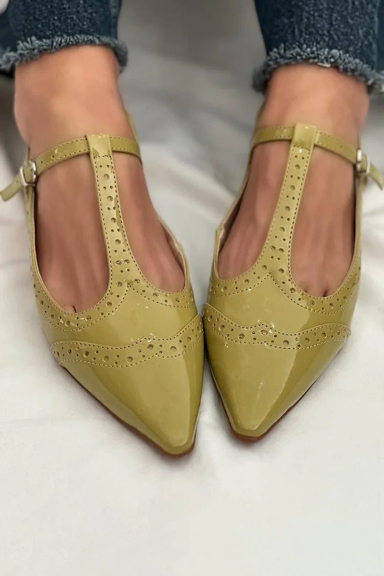 Patchwork Spitz zulaufende Zehen T-Riemen Schnallen Slingback grüne Ballerinas