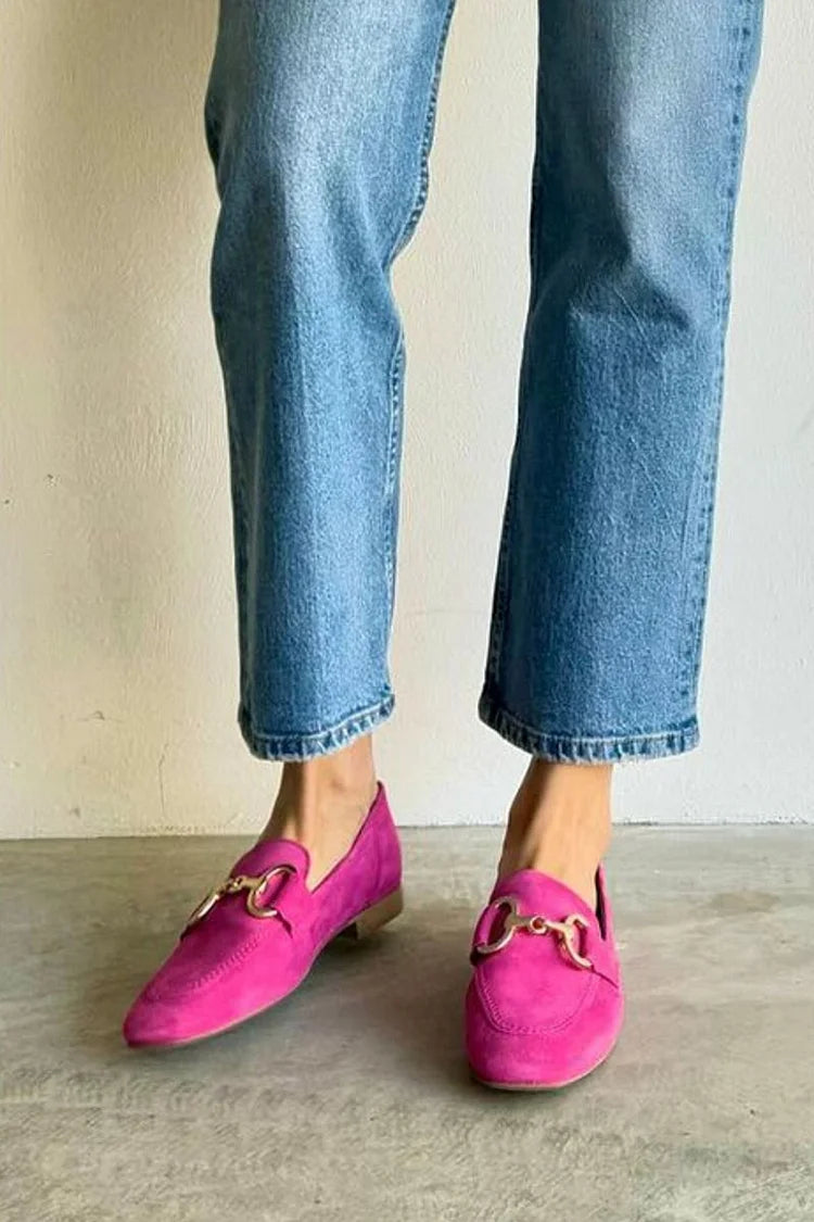 Round Toe Metallic Buckle Decor Casual Fuchsia Loafers