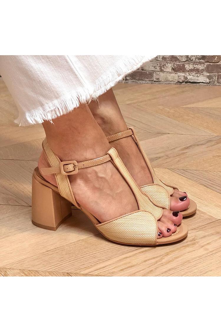 Scarpe con tacco grosso color cachi, punta rotonda, fibbia e cinturino a T patchwork [Pre-ordine]