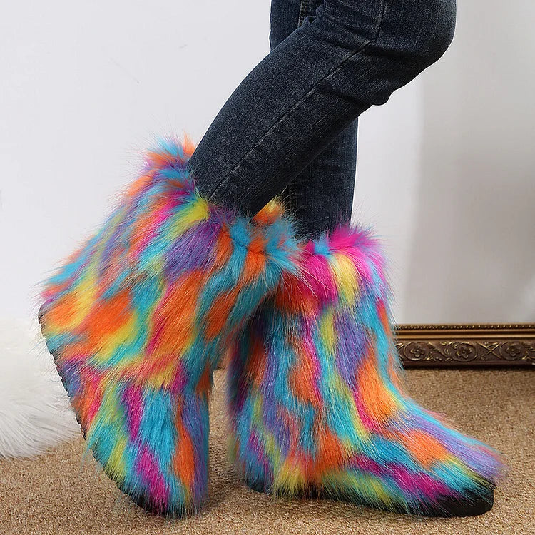 Multicolor Faux Fur Round Toe Low Platform Pull On Snow Boots