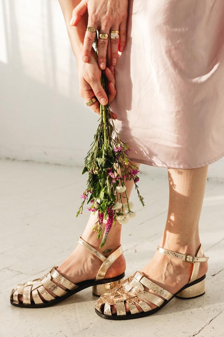 Scarpe con tacco grosso in tessuto traforato dorato effetto metallizzato [Pre-ordine] 