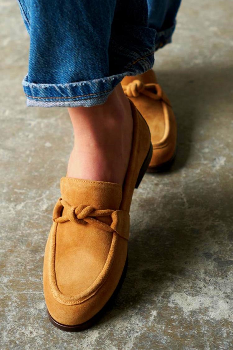 Mocassins décontractés camel à bout rond uni noué [Précommande]