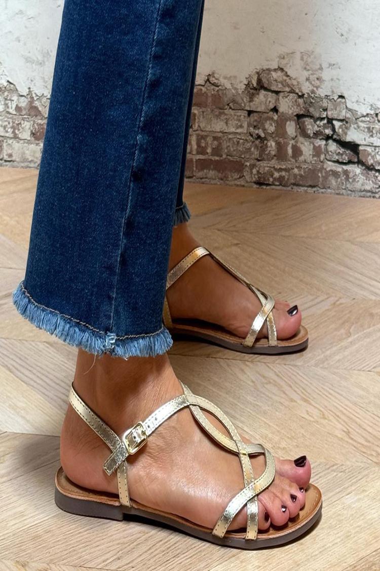 Metallic Sheen Asymmetric Strap Round Toe Gold Sandals [Pre Order]