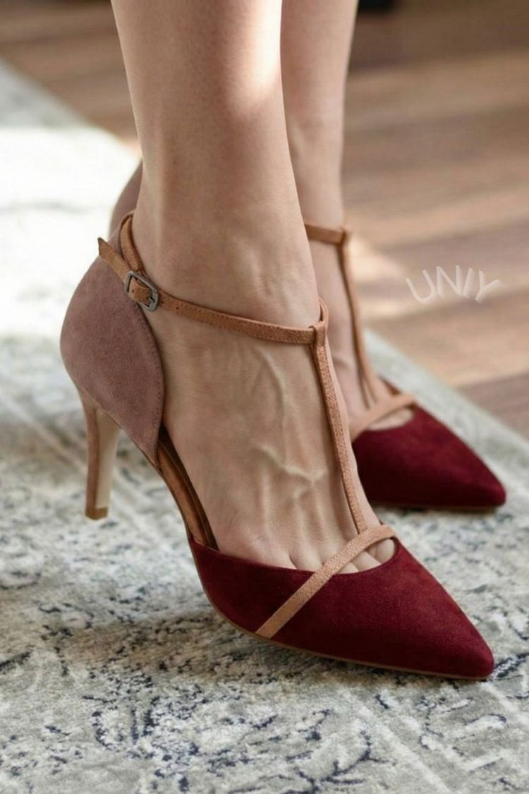 Chique Color Block Suède Puntige T-Strap Stiletto Hakken [Pre Order]