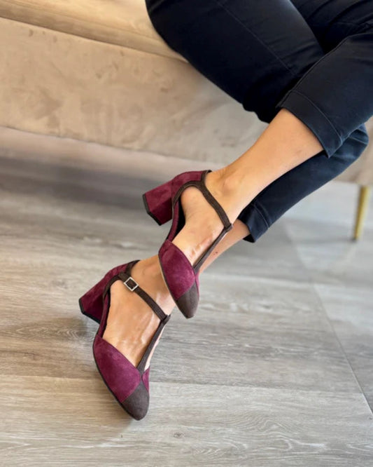 Colorblock spitze Zehen T-Riemen Knöchelriemen Wildleder Blockabsatz mittelhohe Absätze [Vorbestellung]